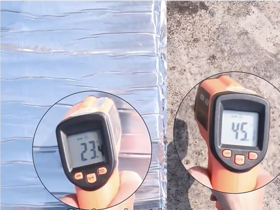 Порівняння температури поверхні РІЗОФОЛ (23,4°C) і звичайної основи (45°C) на сонці
